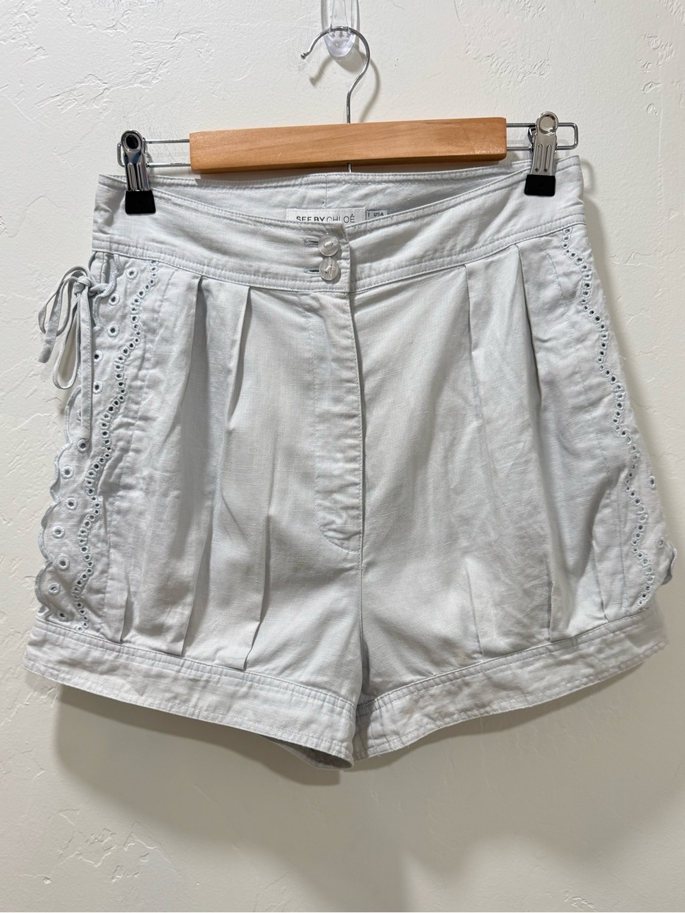 See By Chloe Light Gray Broderie Shorts Eyelet Laceup Women's US 6 High Waisted